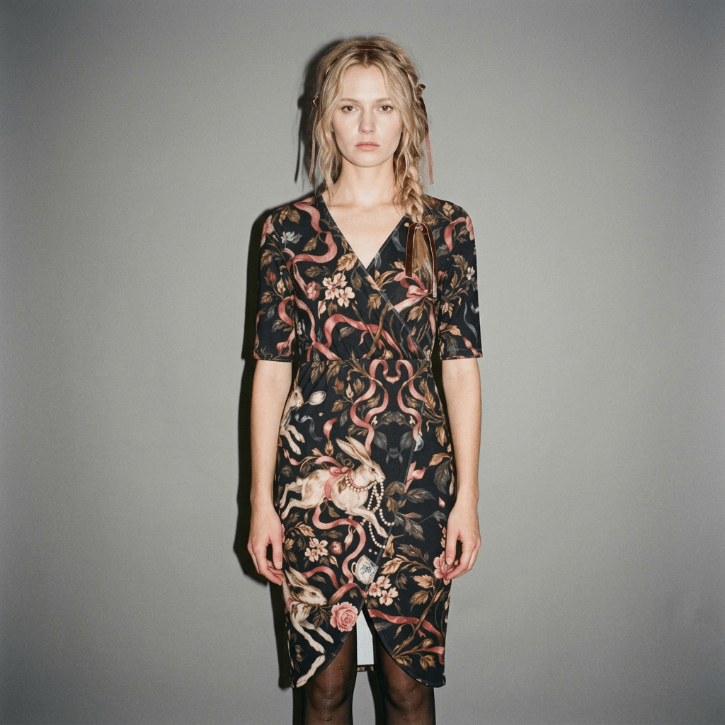 Model wearing black wrap dress with rabbit print and tights