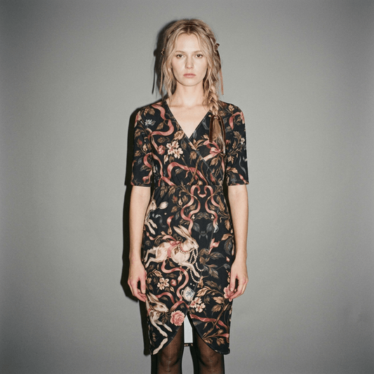 Model wearing black wrap dress with rabbit print and tights