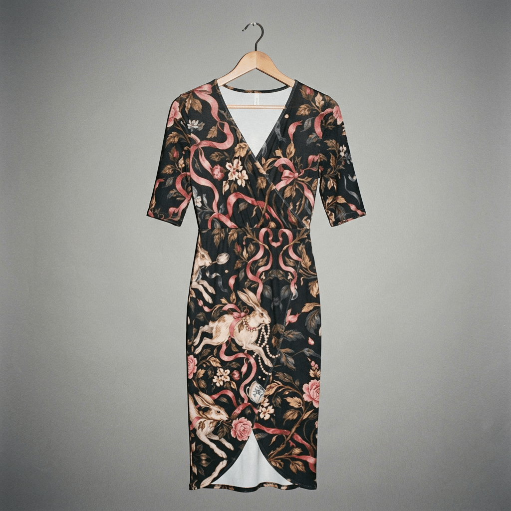 Front view of black wrap dress with v-neck and rabbit print