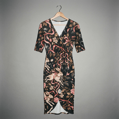 Front view of black wrap dress with v-neck and rabbit print