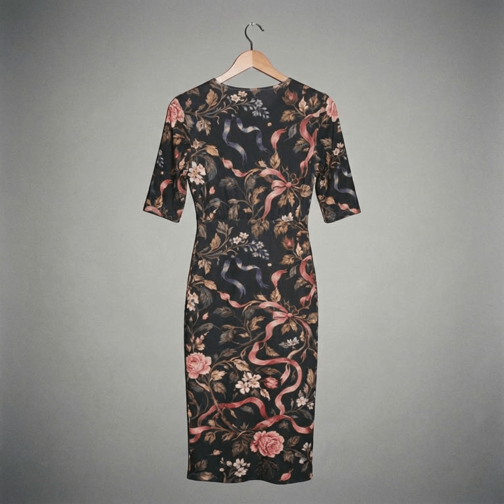Back view of black wrap dress showing ribbon and rose pattern