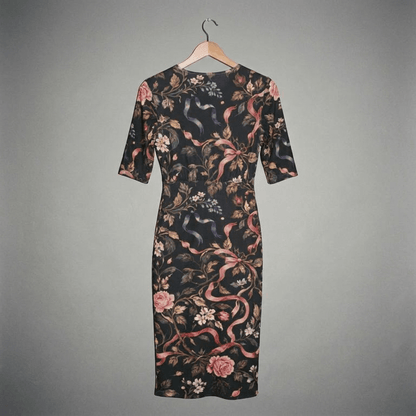 Back view of black wrap dress showing ribbon and rose pattern
