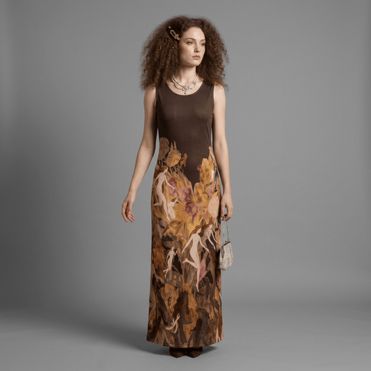 Riffhaus oxblood and black printed column dress with floral and figure motifs