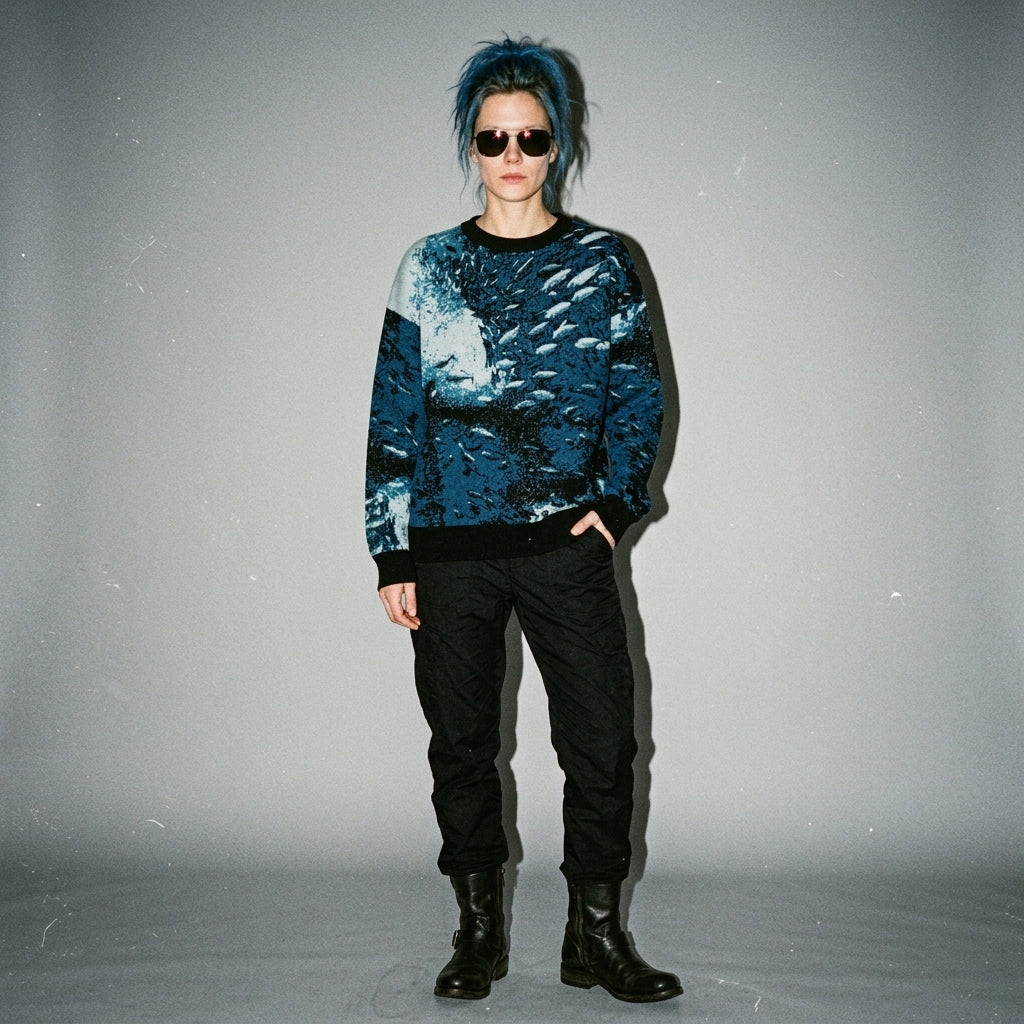 Full-length shot of model wearing Riffhaus Sardine School knit sweater with abstract fish design