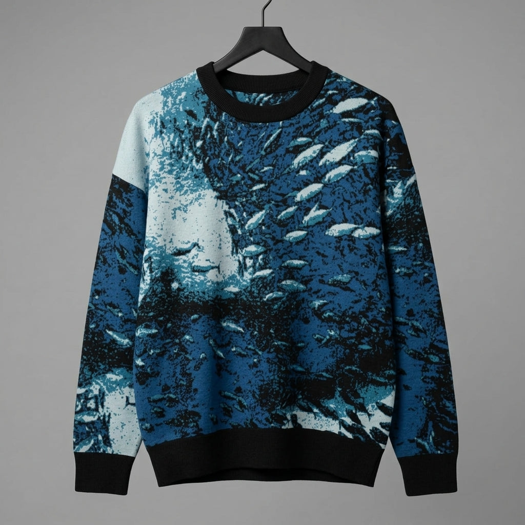 Front view of Riffhaus Sardine School long-sleeve knit sweater with deep-water current pattern on hanger