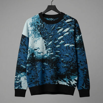 Front view of Riffhaus Sardine School long-sleeve knit sweater with deep-water current pattern on hanger