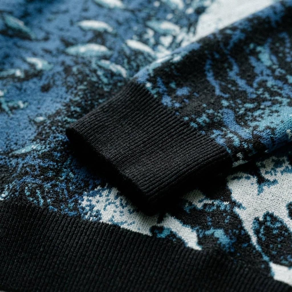Close-up of textured precision-knit fabric on Riffhaus Sardine School sweater showing underwater fish detail