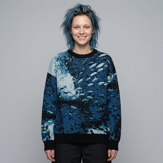 Model wearing relaxed fit Riffhaus Sardine School sweater with swirling blue sardine print and crew neck