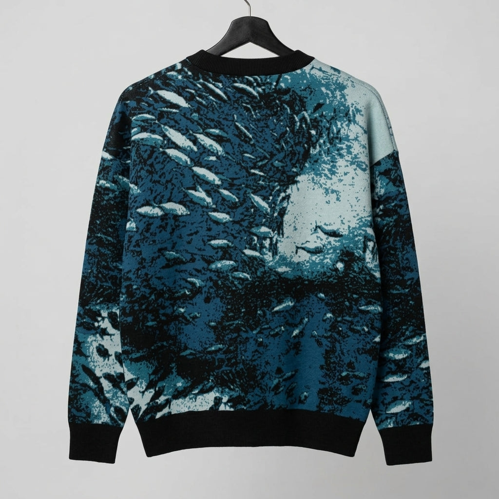 Back view of Riffhaus Sardine School knit sweater with flowing blue sardine pattern and black ribbed trim