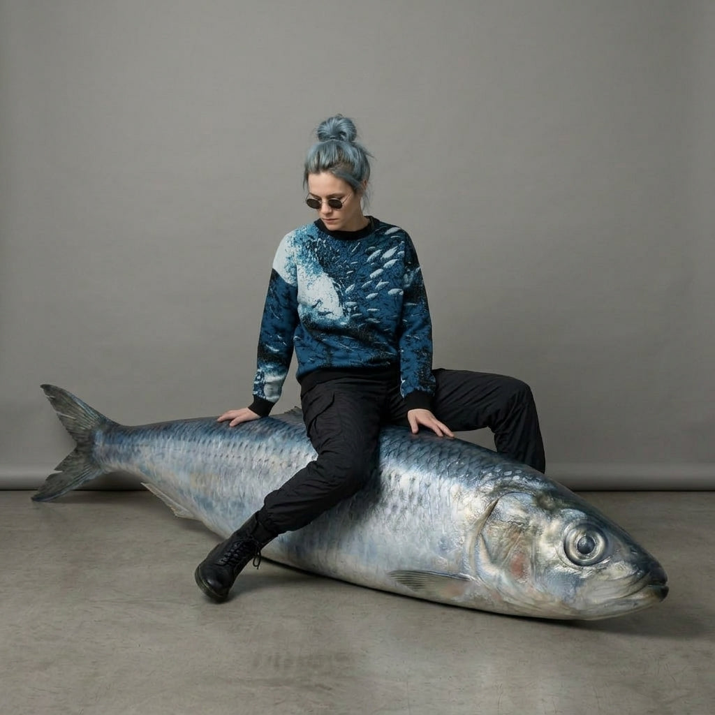 Model seated on large sardine model wearing Riffhaus Sardine School knit sweater with flowing print