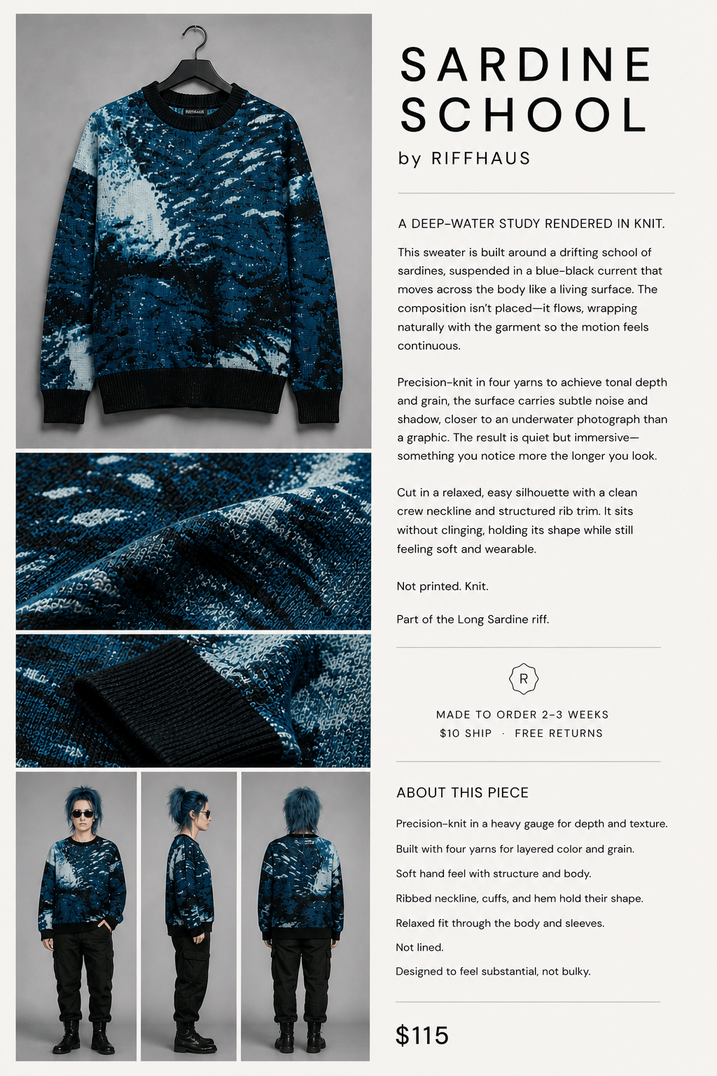Product details page for Riffhaus Sardine School knit sweater with model shots and pricing information