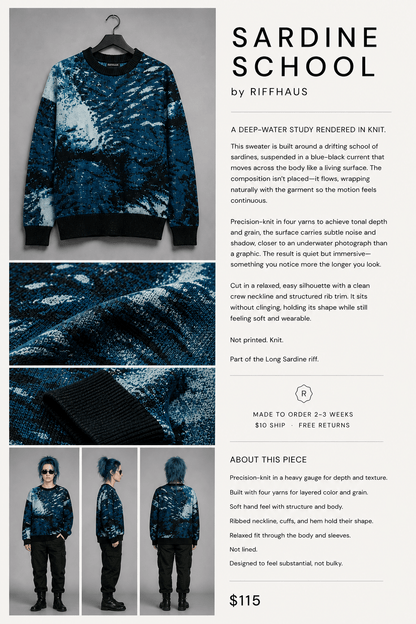 Product details page for Riffhaus Sardine School knit sweater with model shots and pricing information