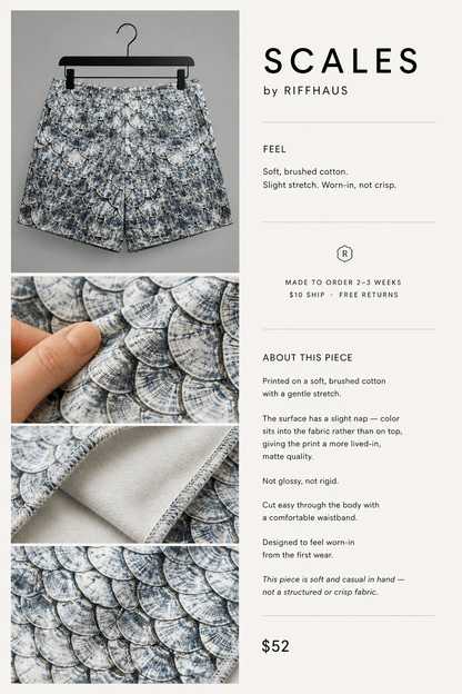 SCALES blue-gray scale pattern shorts soft brushed cotton edge-to-edge print