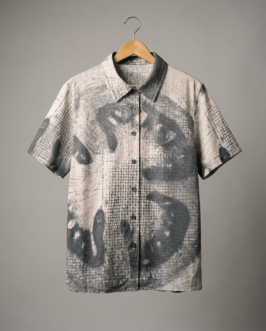 Front hanging shot of short sleeve camp collar shirt with layered grid and abstract screen print