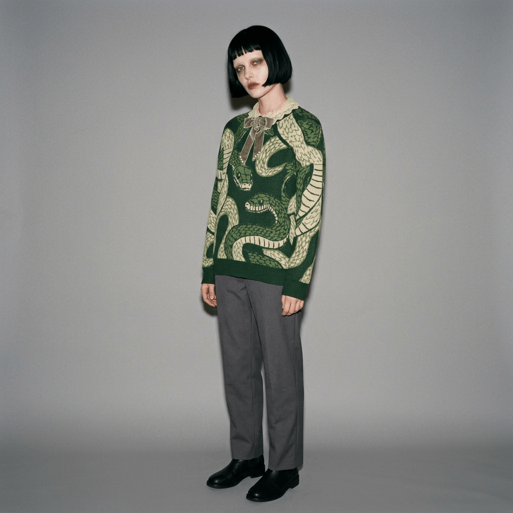 Model styling dark green snake jacquard sweater layered over lace collar