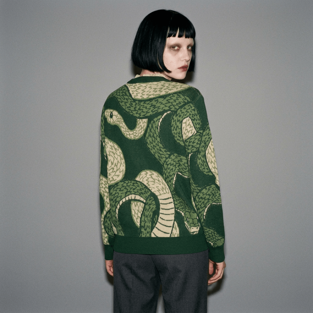 Back view of dark green snake print jacquard sweater showing winding motifs