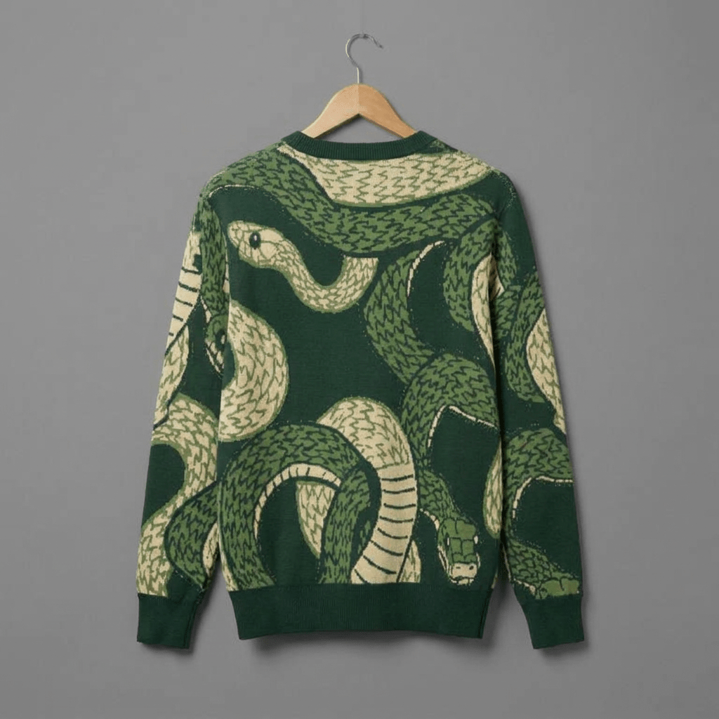 Back view of hanging dark green jacquard sweater with cream snake details