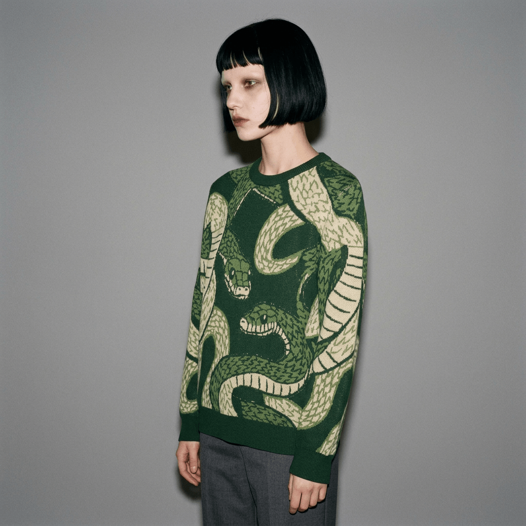 Dark green jacquard knit sweater with cream snake pattern on model
