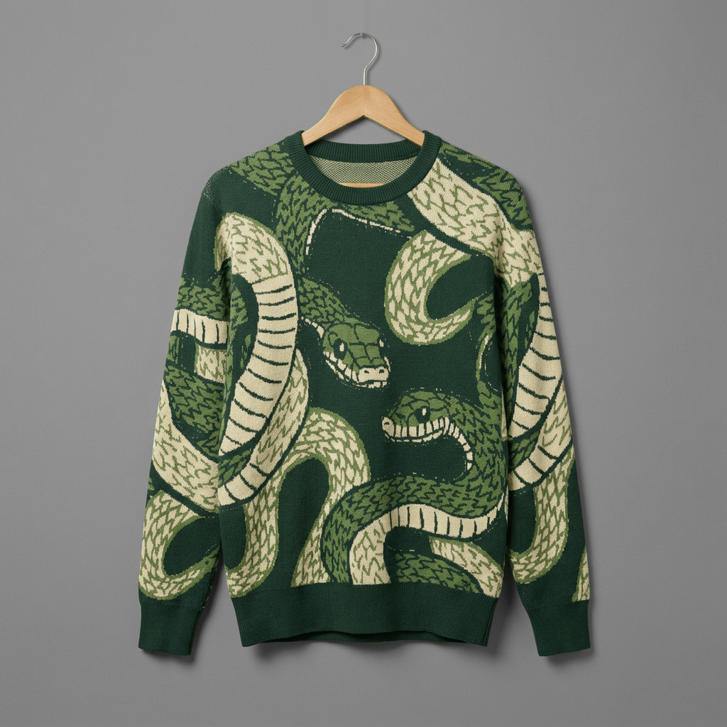 Dark green jacquard knit sweater hanging to display full front snake design