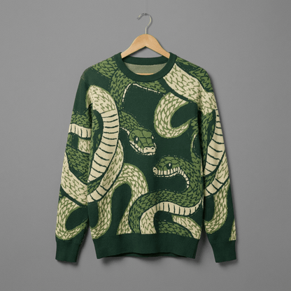 Dark green jacquard knit sweater hanging to display full front snake design