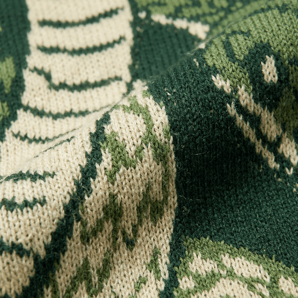 Macro texture of dark green birdseye jacquard knit fabric snake pattern
