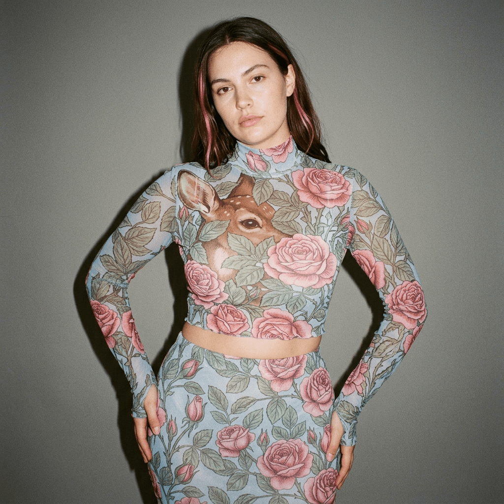 Powder-blue mesh top and skirt set with pink roses and fawn print