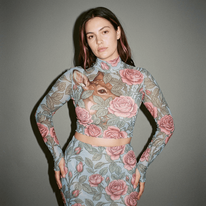 Powder-blue mesh top and skirt set with pink roses and fawn print