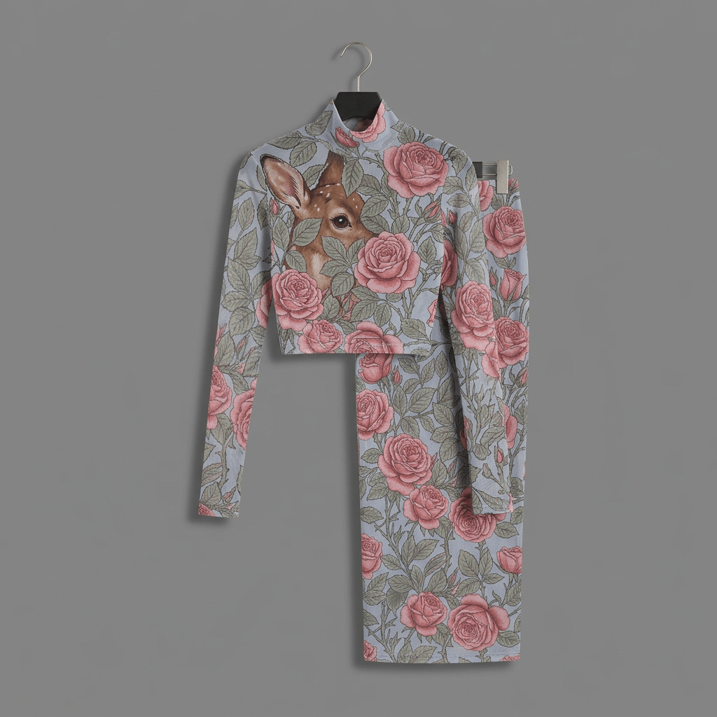 Flat lay of powder-blue mesh top and skirt set with fawn print