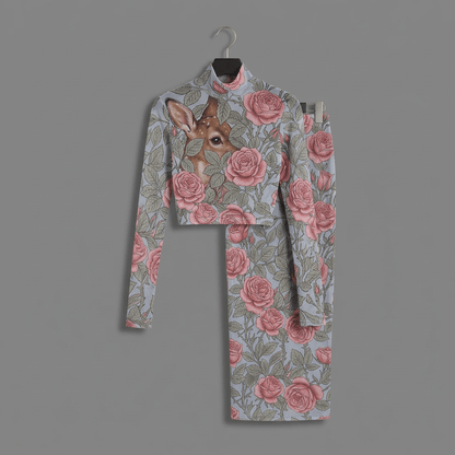 Flat lay of powder-blue mesh top and skirt set with fawn print