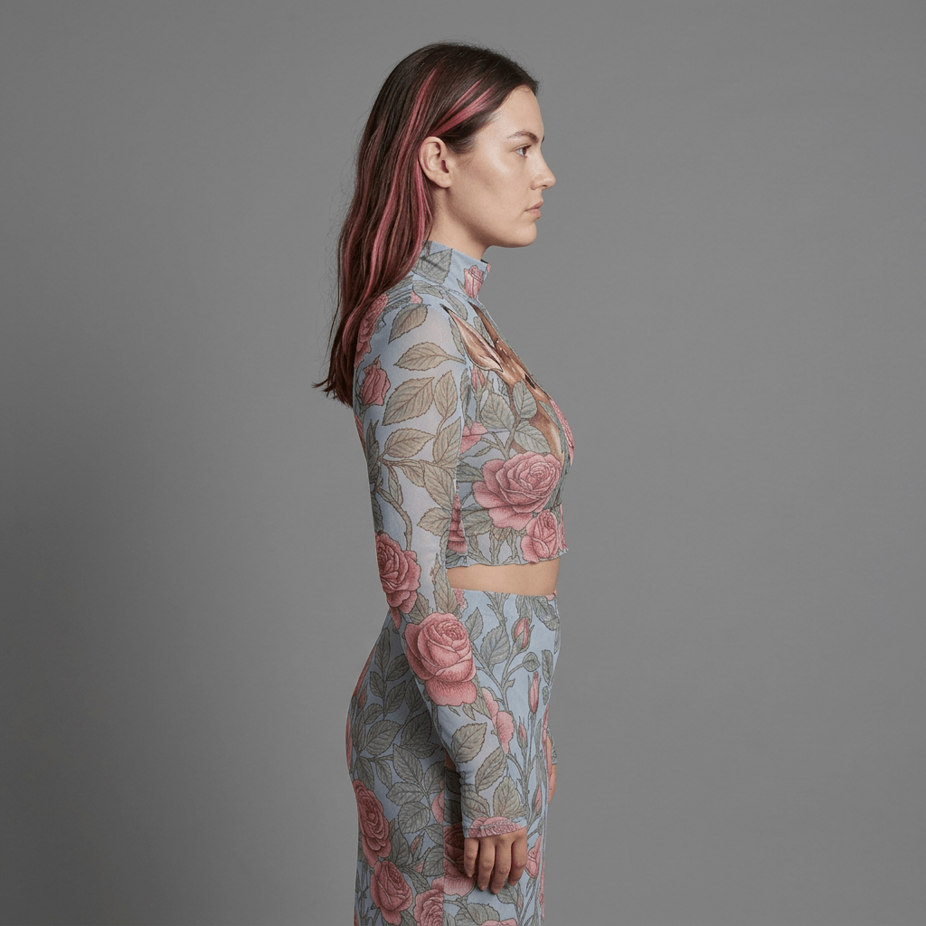 Side profile of model in powder-blue mesh two-piece outfit