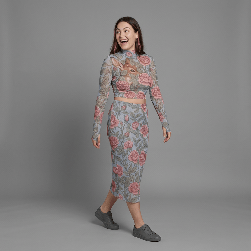 Model wearing powder-blue floral mesh two-piece set with sneakers