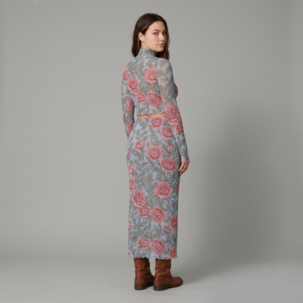 Back view of powder-blue mesh midi skirt set with rose print