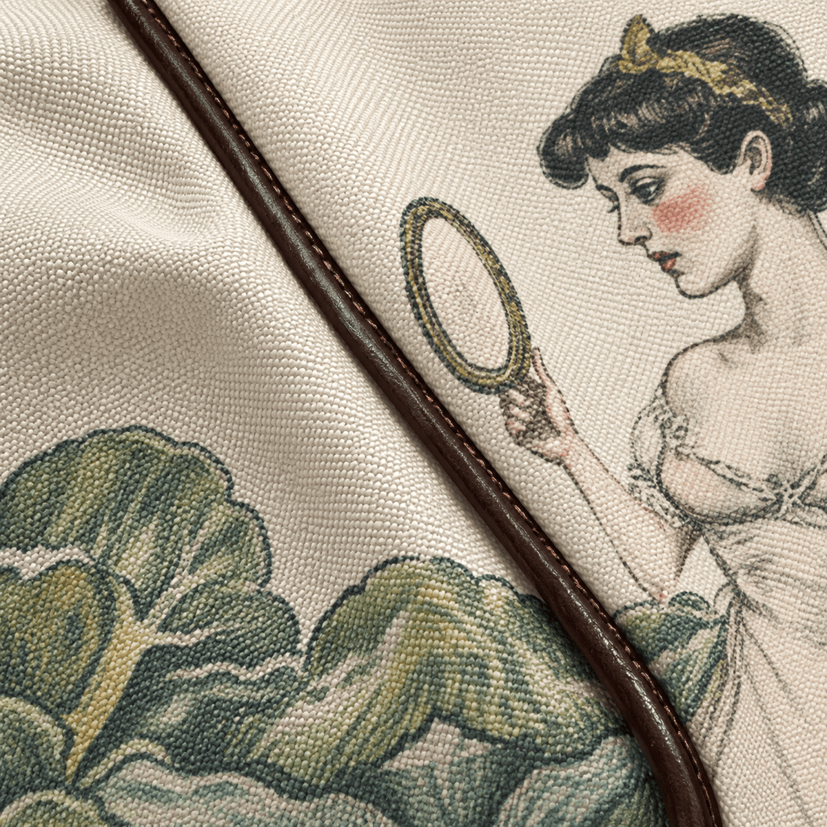 Close-up of SNOW WHITE printed sports canvas and brown PU piping