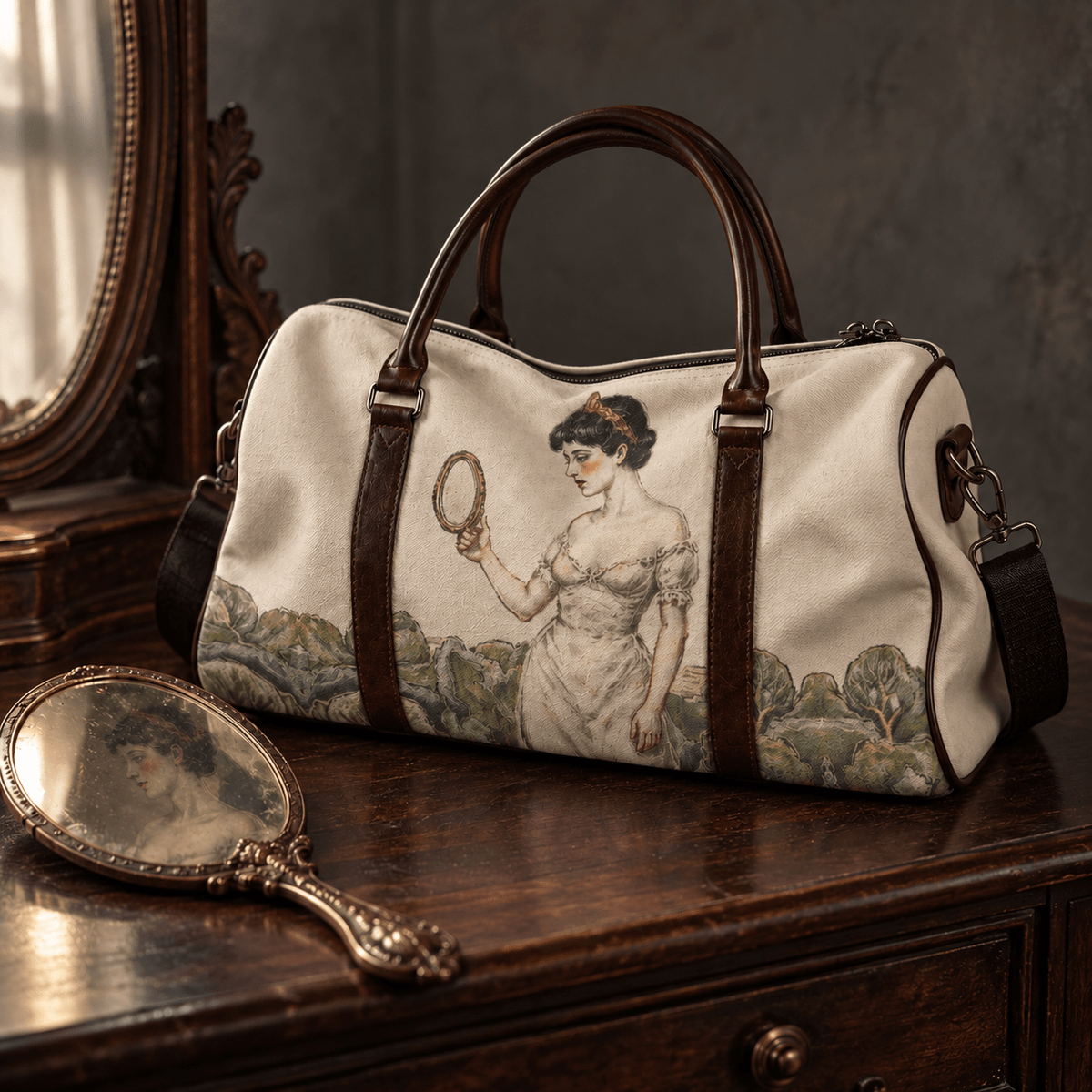 Soft canvas SNOW WHITE duffle beside an antique hand mirror