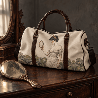Soft canvas SNOW WHITE duffle beside an antique hand mirror