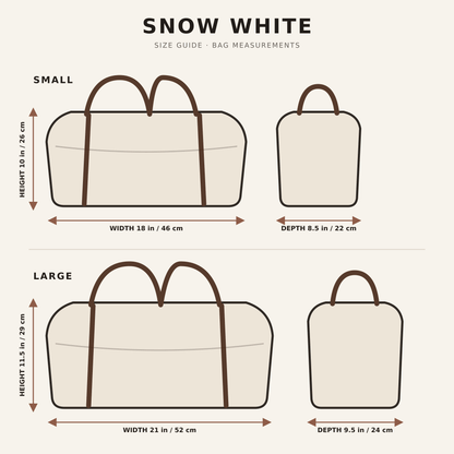 SNOW WHITE duffle bag small and large size dimensions