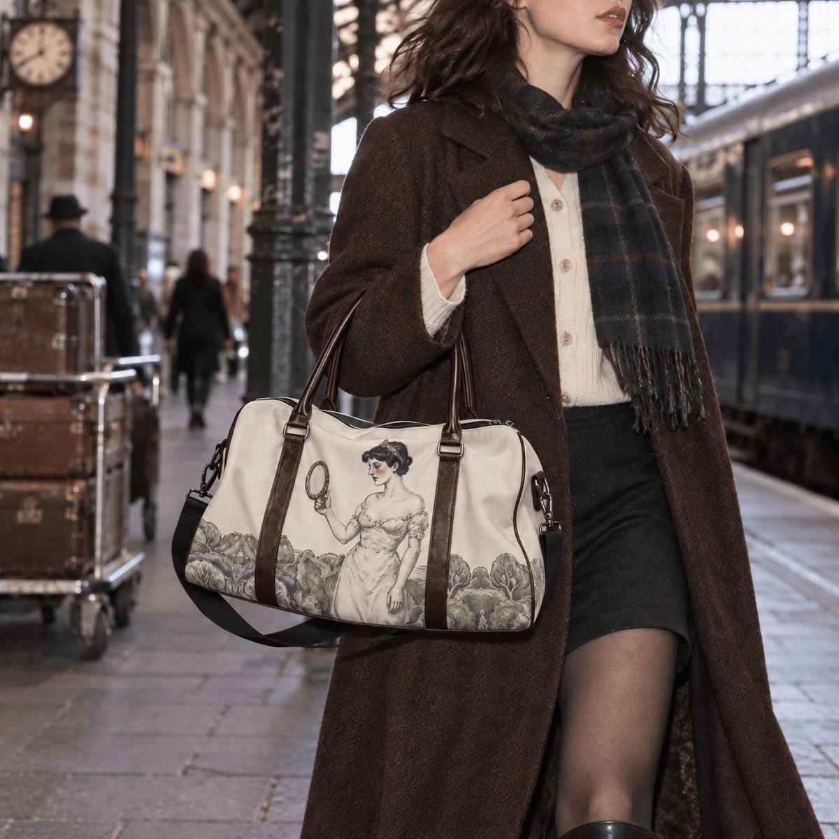Woman carrying the soft canvas SNOW WHITE duffle at a railway station