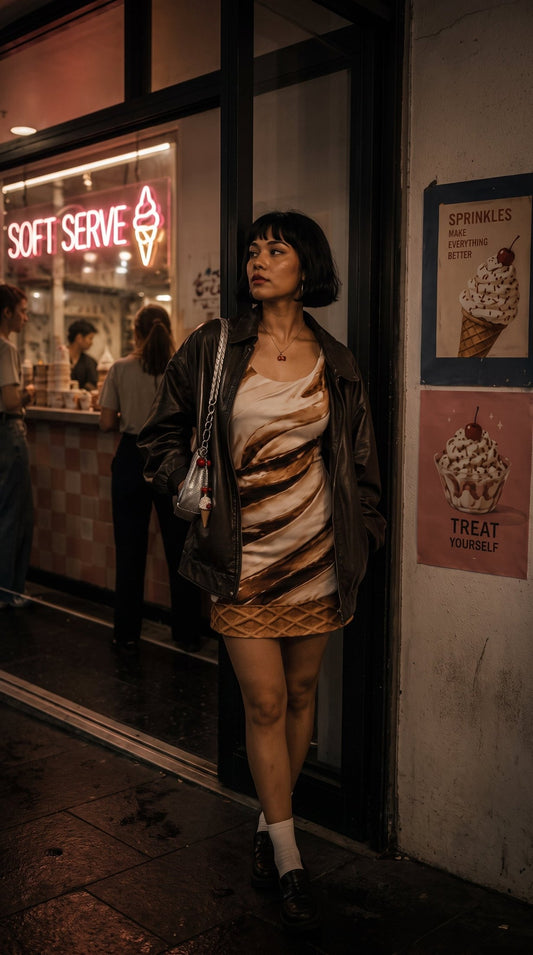 Riffhaus Soft Serve bodycon dress with ice cream swirl print and waffle cone hem
