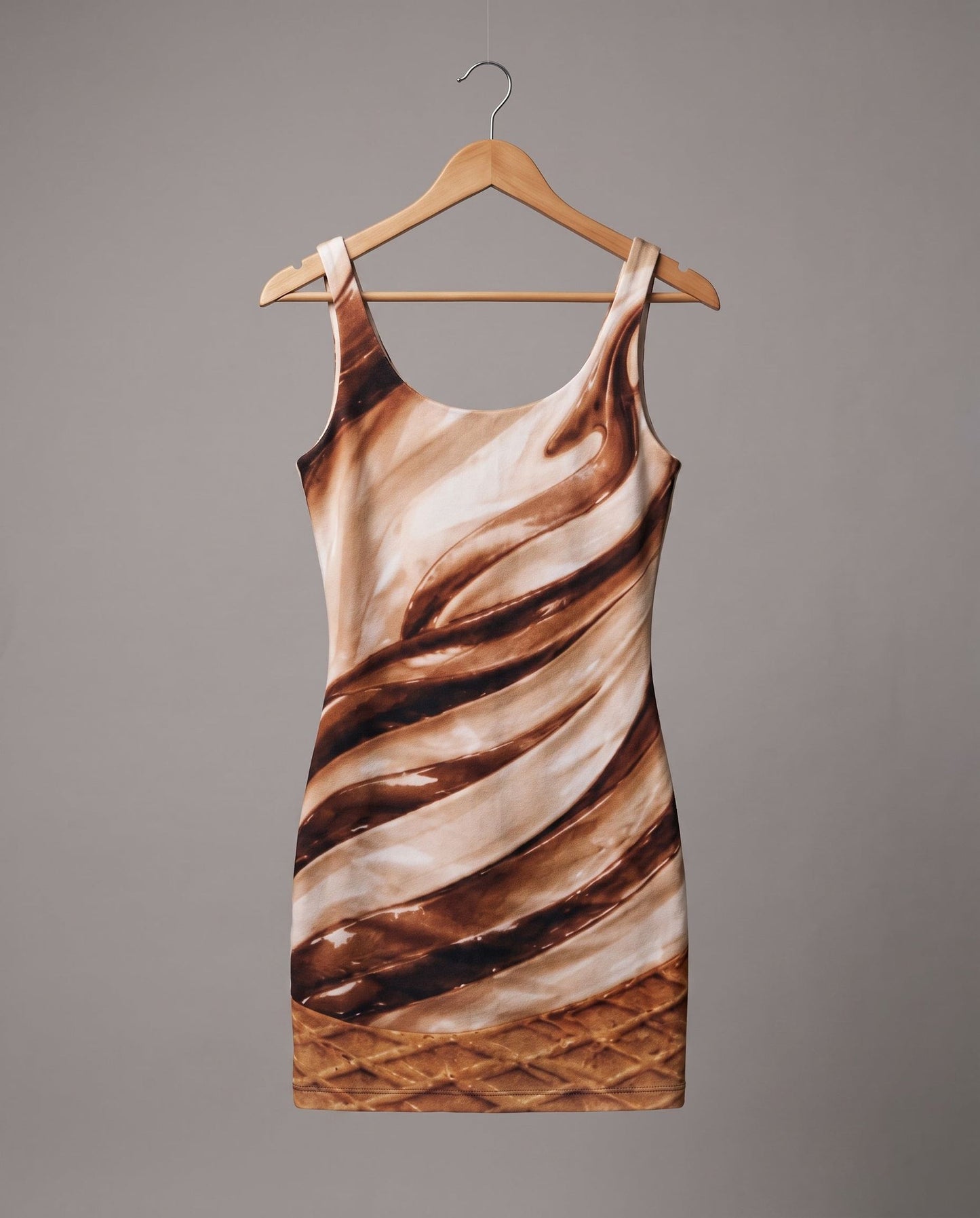 Scoop neck bodycon dress with soft serve swirl and waffle cone texture print