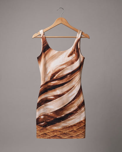 Scoop neck bodycon dress with soft serve swirl and waffle cone texture print