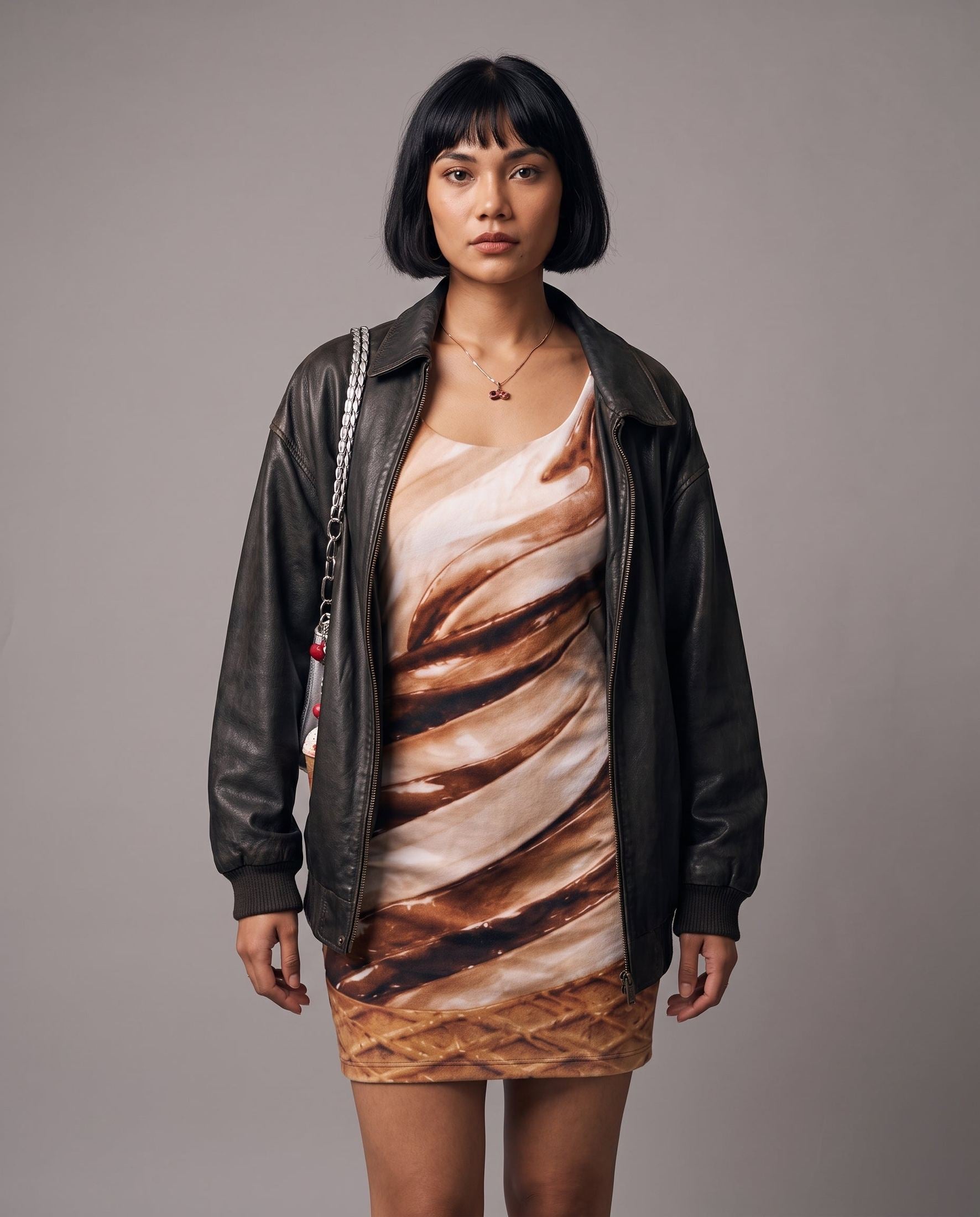 Fitted sleeveless mini dress featuring brown and cream soft-serve swirl pattern