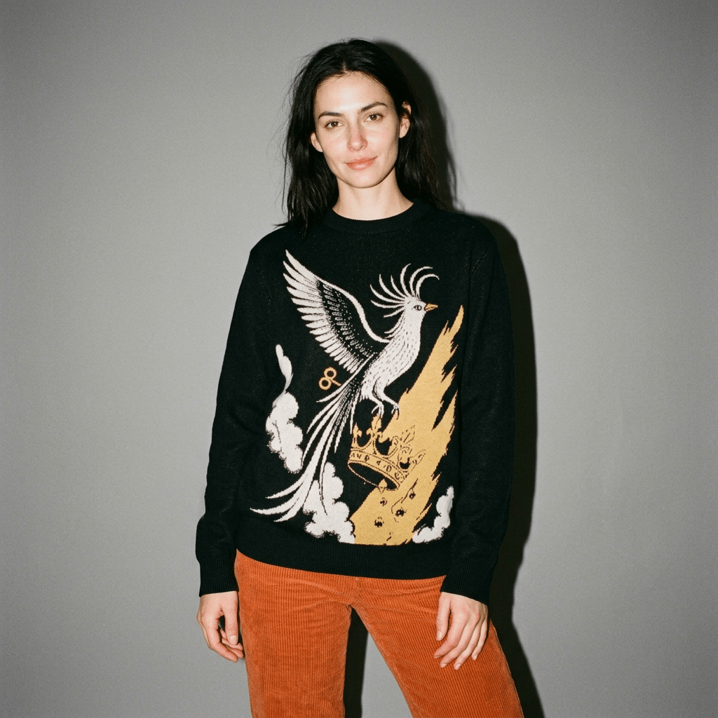 Black SONGBIRD knit sweater with white bird and gold crown back graphic