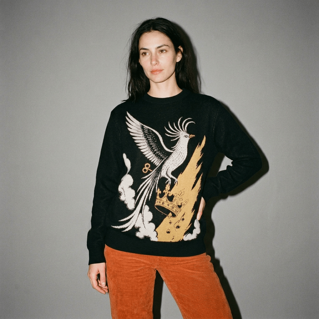 Model wearing black unisex knit sweater with integrated bird and crown graphic