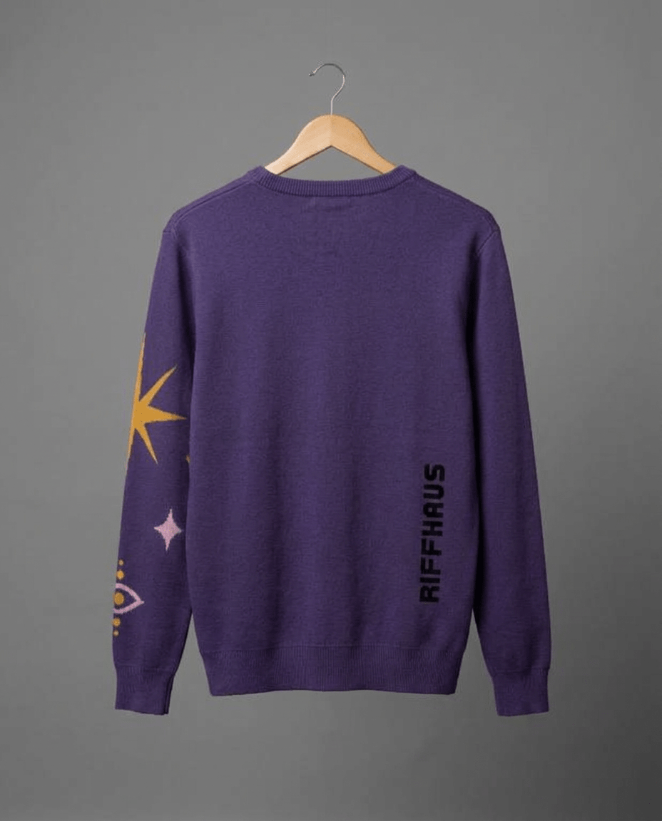 Back view of purple celestial knit sweater with gold star and RIFFHAUS branding