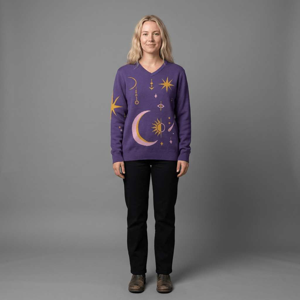 Full body look of purple celestial knit v-neck sweater with trousers