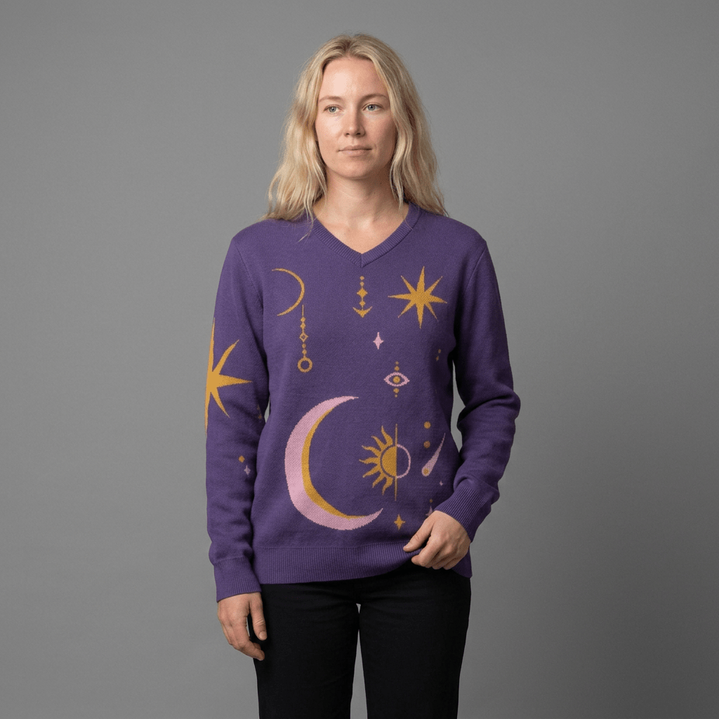 Front fit of purple celestial knit sweater with ribbed hem detail on model