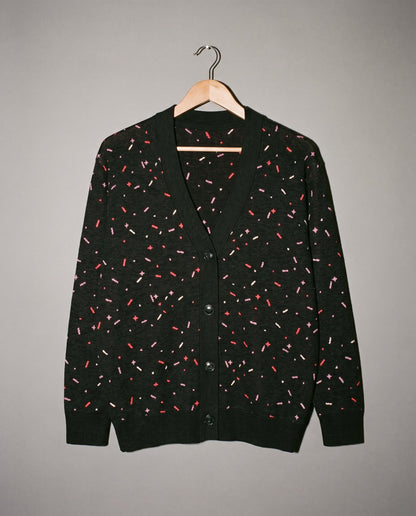 Black unisex knit cardigan with pink red and white confetti flecks