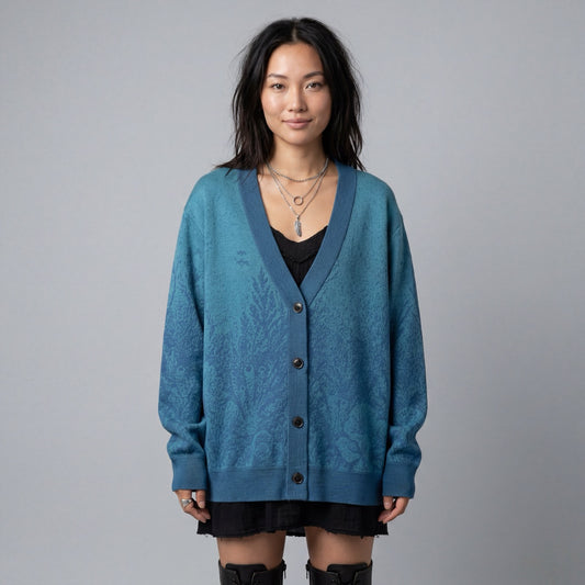 Model wearing blue V-neck cardigan with organic submerged print
