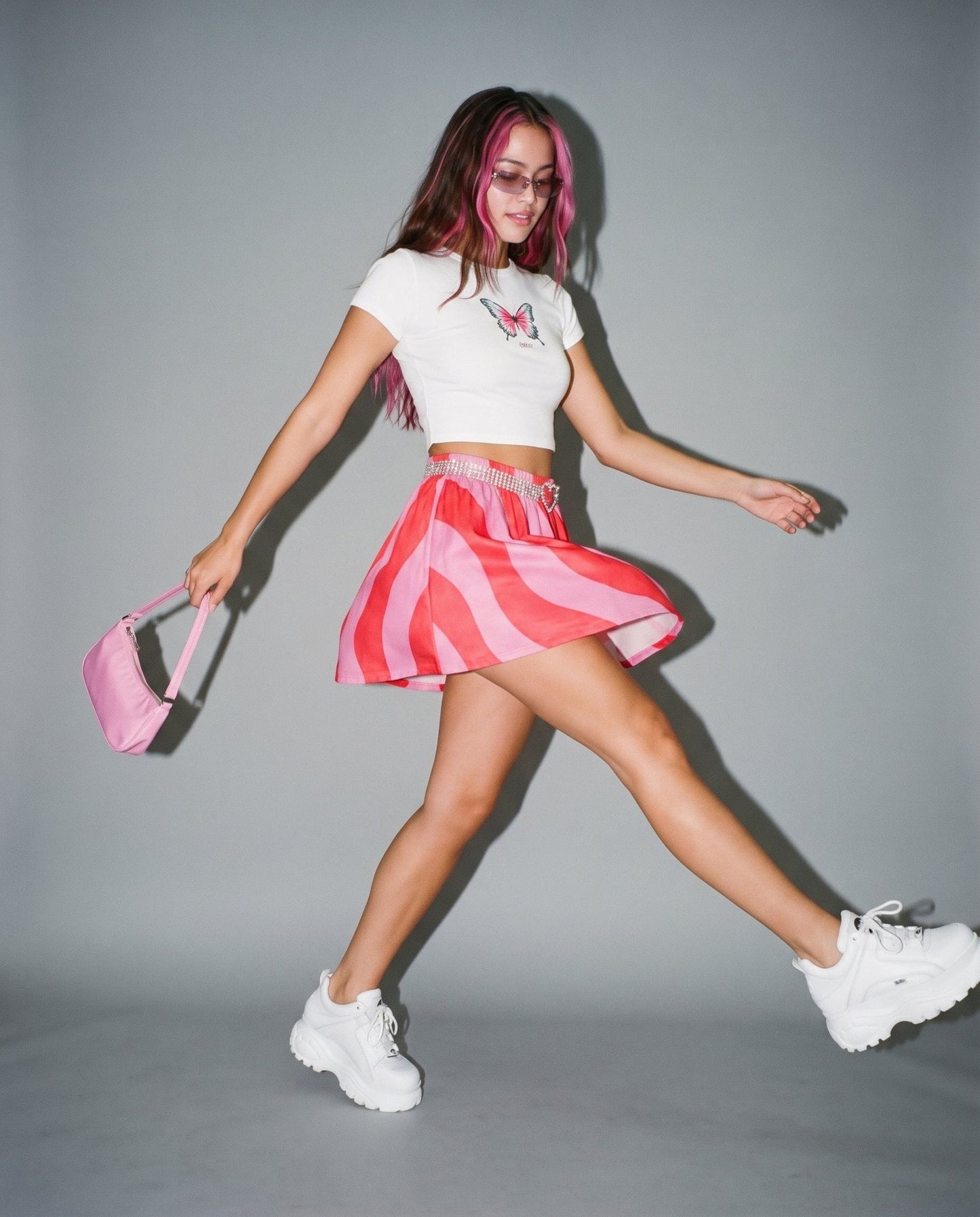 SWHIRL pink red swirl pull-on skirt in motion with rhinestone heart belt