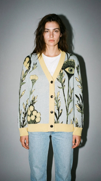 Light blue botanical knit cardigan featuring butter yellow flowers and green grass motifs